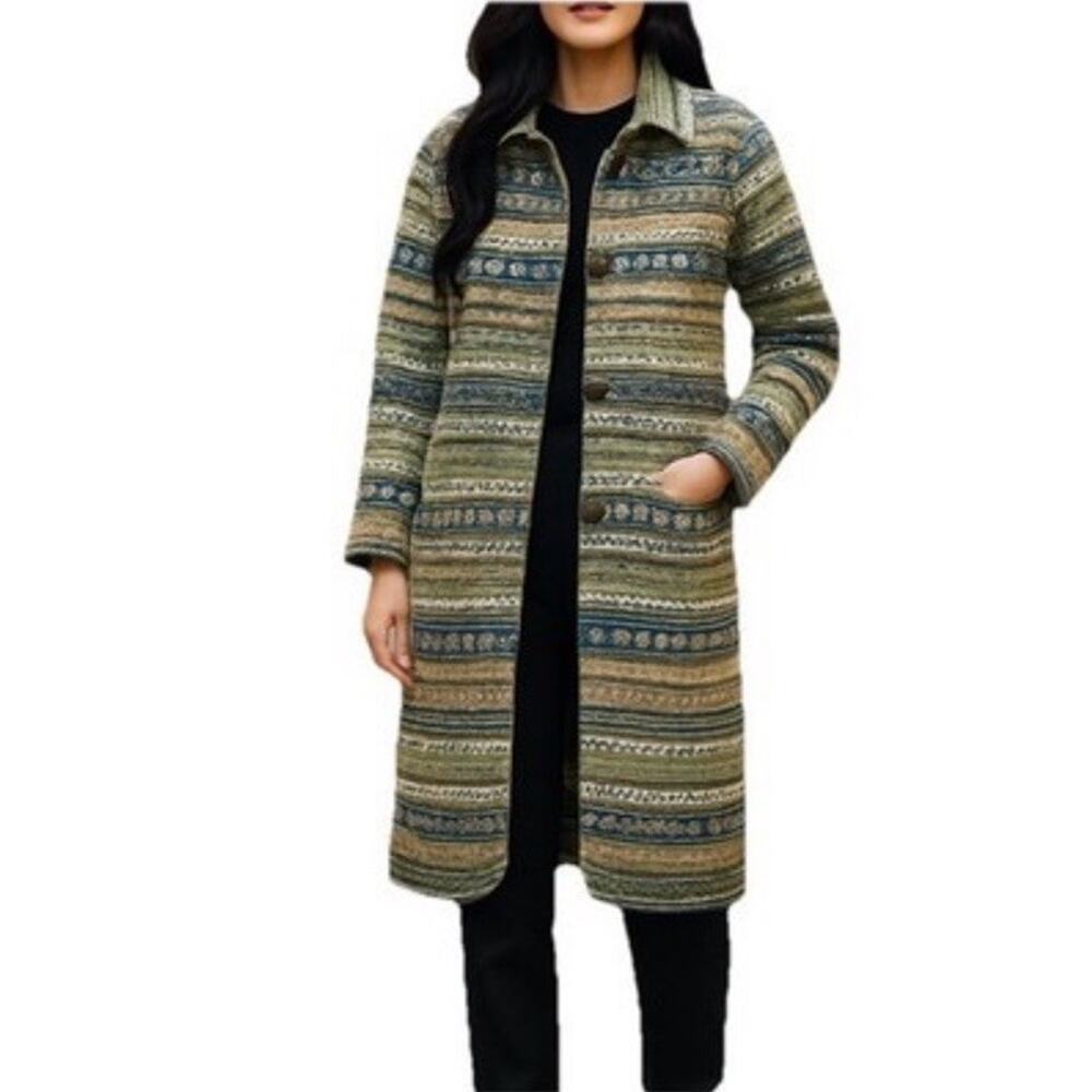 TALBOTS Womens Sweater Nordic Fair Isle Coat Long Sz L Lambswool Toggle Close